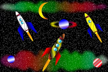 Zelfklevend Fotobehang Sterrenachtergrond met maan, planeten en ruimteraketten © konstan