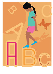 Side view of a girl walking on alphabets