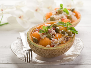 rice salad over open melon