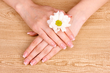 Obraz na płótnie Canvas beautiful woman's hands and flower on wooden background