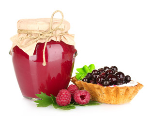 tasty raspberry jam and cake isolated on white