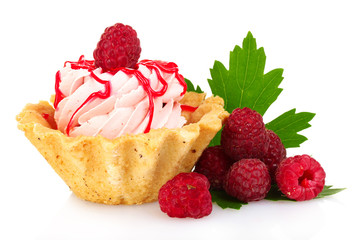 tasty cake with cream and raspberries isolated on white