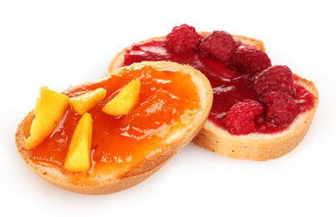 delicious toast with jam and fruit isolated on white