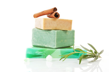Various organic soaps arranged.