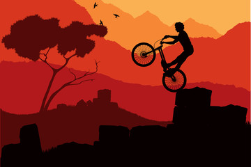 Obraz premium Mountain bike trial rider in wild nature landscape illustration