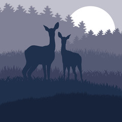 Rain deer family in wild night forest foliage illustration
