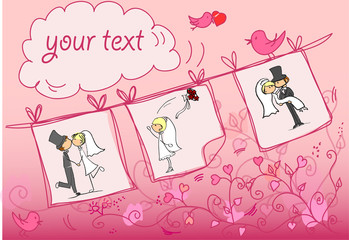 свадебные фотографии, висящие на фоне абстрактные цветочные,