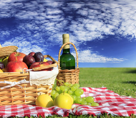 Picnic at meadow with perfect sky background