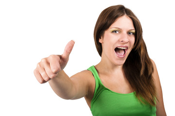 Brunette woman with green top showing thumbs up