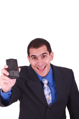 Naklejka premium Business male holding a cell phone for communication.