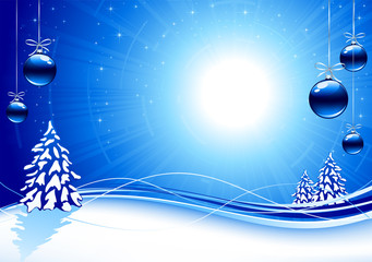Background with blue Christmas balls and stars