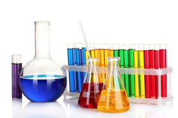 test tubes with colorful liquids isolated on white