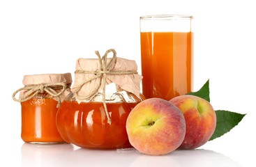 tasty jam, juice and peach isolated on white