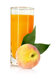 Fresh peaches and glass with juice isolated on white