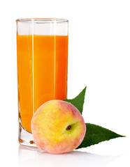 Fresh peaches and glass with juice isolated on white