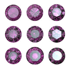 Round amethyst. Collections of jewelry gems on white background