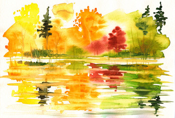 Autumn landscape with lake and forest.