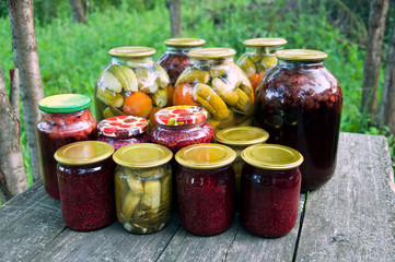Home canning. Pickled vegetables and jam