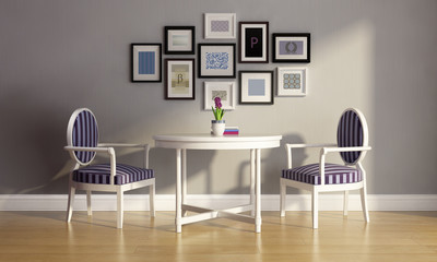 Vintage 3d blue luxury room, with table, chairs wood floor