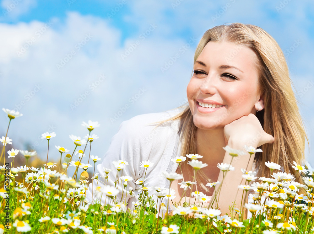 Sticker Happy girl enjoying daisy flower field