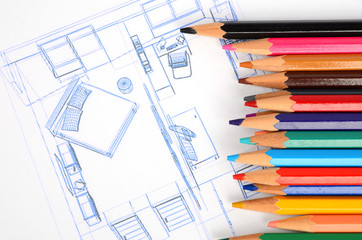 Naklejka na ściany i meble House plan and color pencils