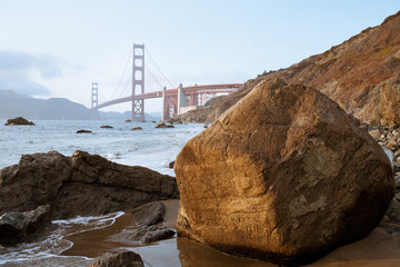 Golden Gate Bridge at sunset; San Francisco, California