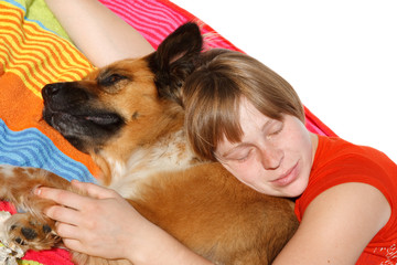 Woman and dog are sleeping