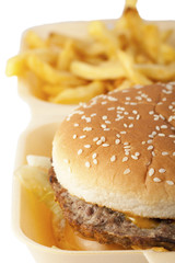 Burger and fries, white background.