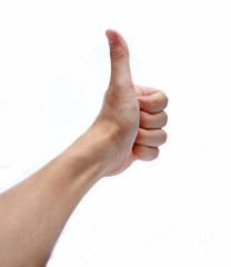 Portrait of hand showing goodluck sign against white background