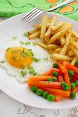 Fried egg , french fries and vegetables