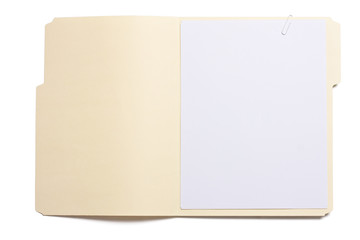 Blank opened file folder with empty white paper