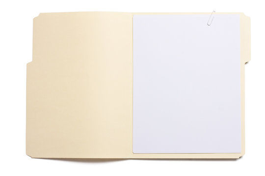 Blank opened file folder with empty white paper