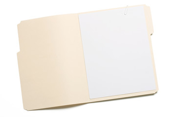 Opened file folder with white paper inside isolated on whtie