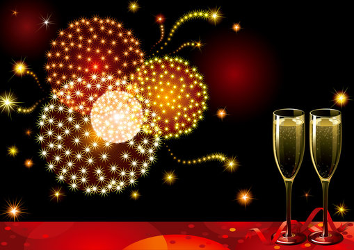 Holiday background with two Champagne Flutes, fireworks.