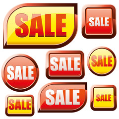 Set of red and yellow shiny sale buttons, vector