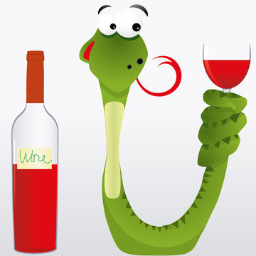 Drunk snake keeps wine goblet its tail, vector illustration