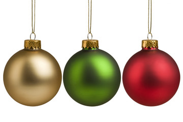 Gold, red and green Christmas baubles isolated on white.
