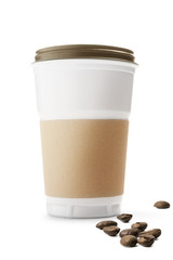 Plastic cup and coffee beans