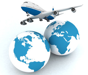 Fototapeta premium airliner with two globe in the white background