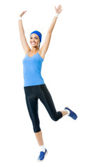 Full body of smiling woman doing fitness exercise, isolated