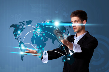 Man pressing modern touch screen buttons