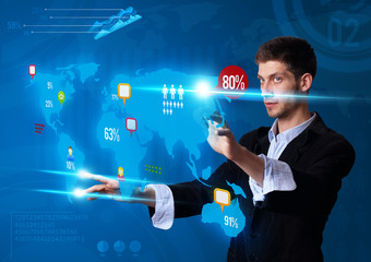 Man pressing modern touch screen buttons