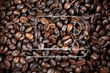 a coffee cup graphic drawing on coffee beans wallpaper.