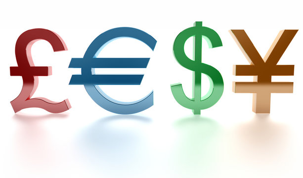 Pound, Euro, Dollar, Yen. Signs. 3d