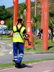 man  worker mows a grass on a city lawn