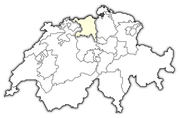 Political map of Swizerland with the several cantons where Aargau is highlighted.
