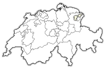Political map of Swizerland with the several cantons where Appenzell Ausserrhoden is highlighted.