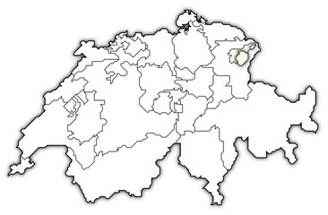 Political map of Swizerland with the several cantons where Appenzell Innerrhoden is highlighted.