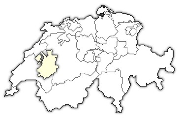Political map of Swizerland with the several cantons where Fribourg is highlighted.
