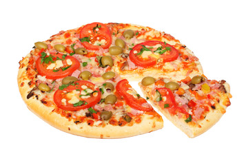 Fresh pizza with slice on a white background